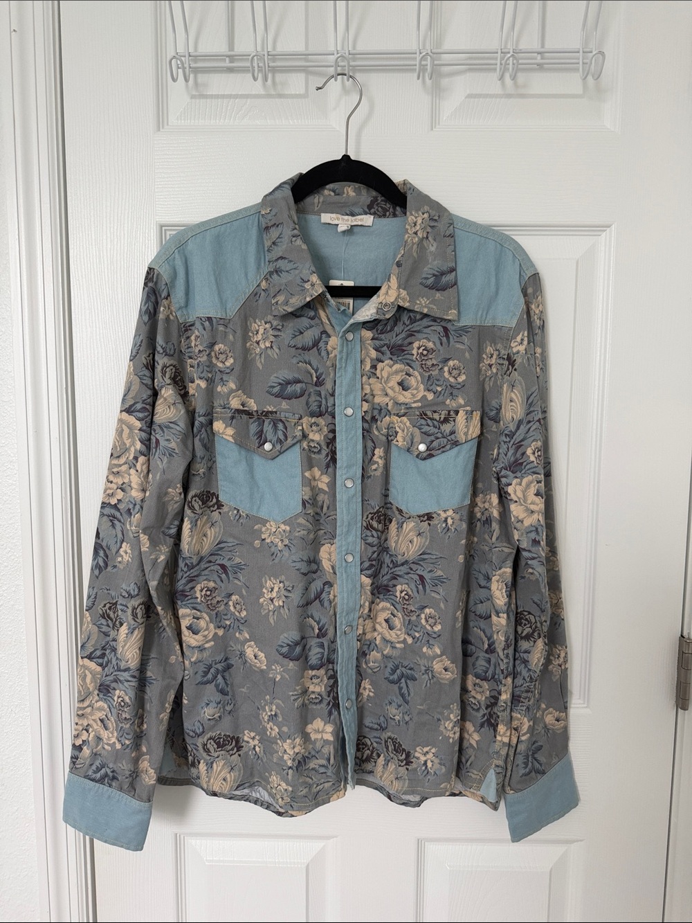 Floral Western Button-Up Shirt in Dusty Blue and Cream